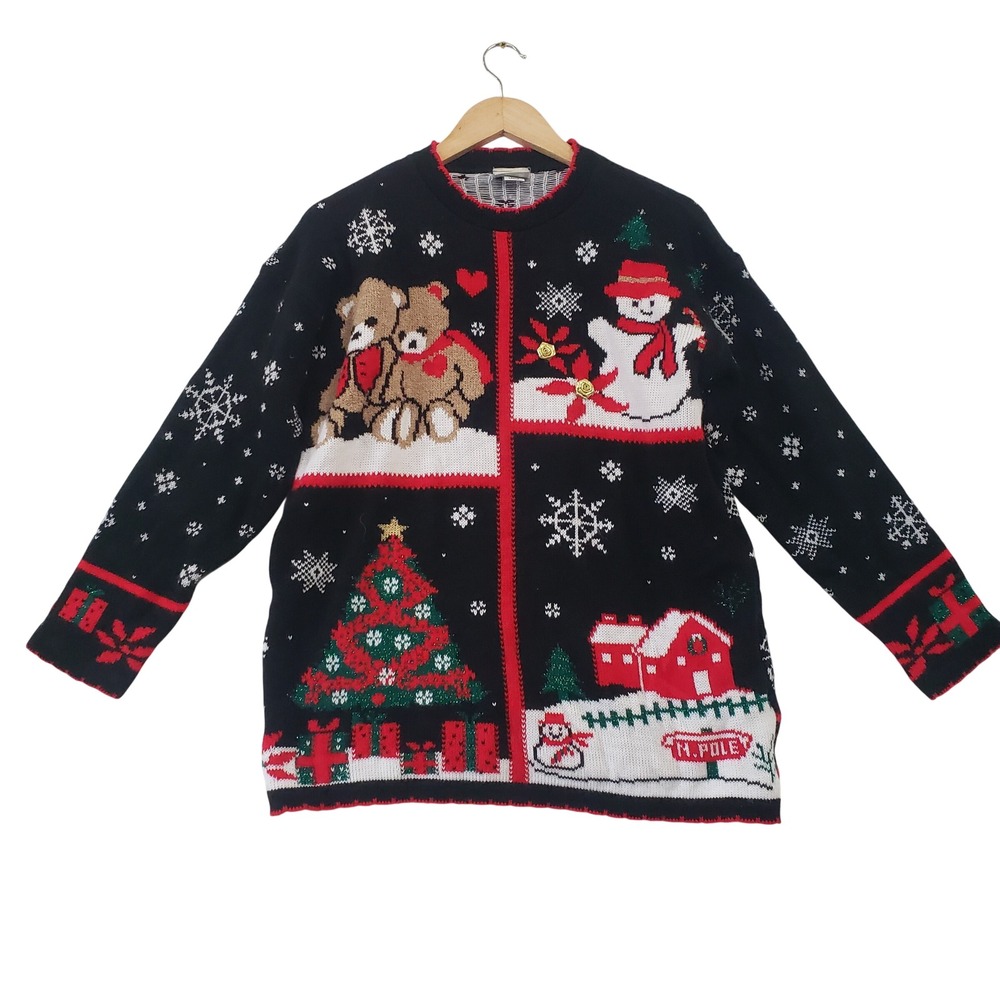 Classic Elements Sweater Women Large Black Ugly Christmas Vintage Lurex Knit 90s